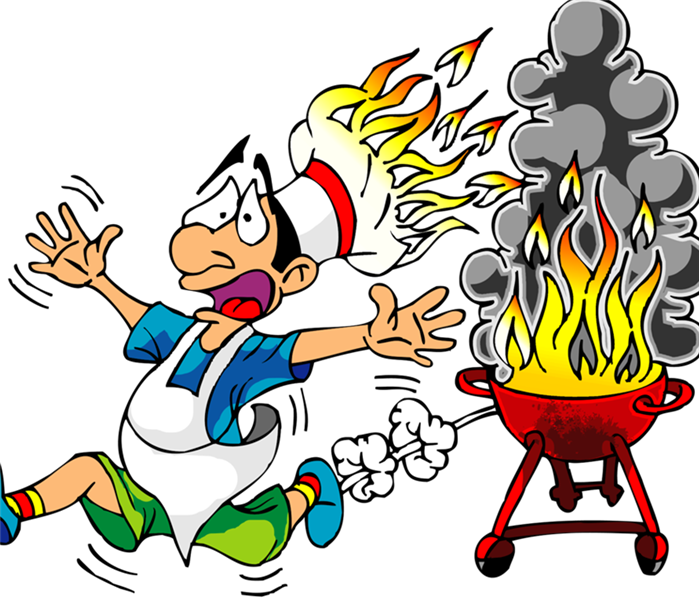 cartoon of a man running away from a grill that was set on fire
