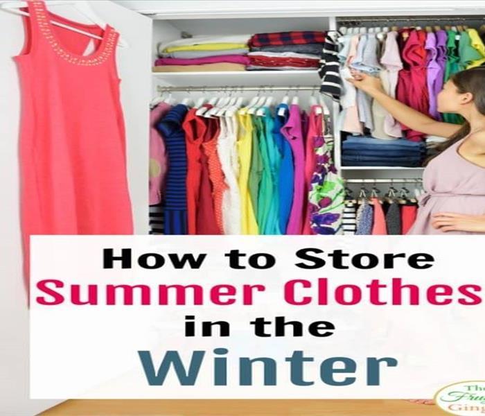 closet of clothes and words that say how to store summer clothes in the winter